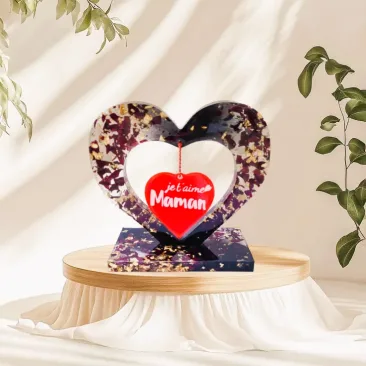 Double cœur résine fleurs séchées personnalisé photo maman socle