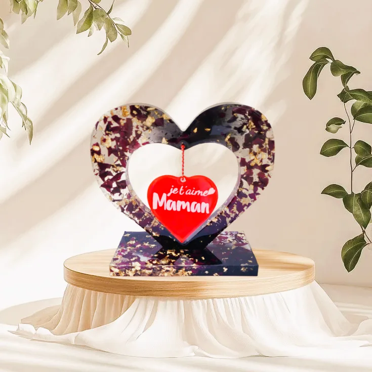 Double cœur résine fleurs séchées personnalisé photo maman socle