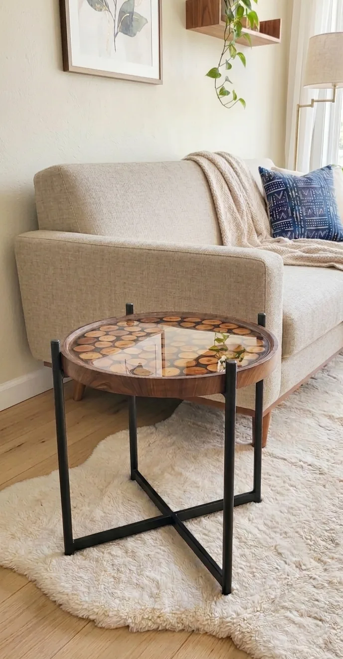 Table résine époxy noire et bois.